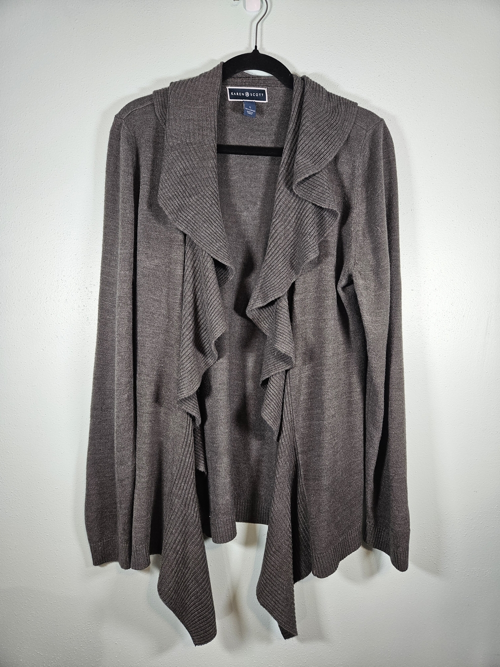 Karen Scott Taupe Ruffled Open-Front Cardigan